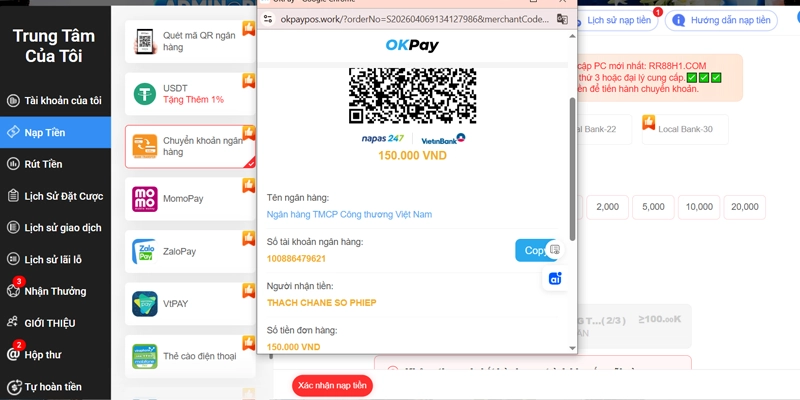 Mã QR và thông tin tài khoản hiện ra